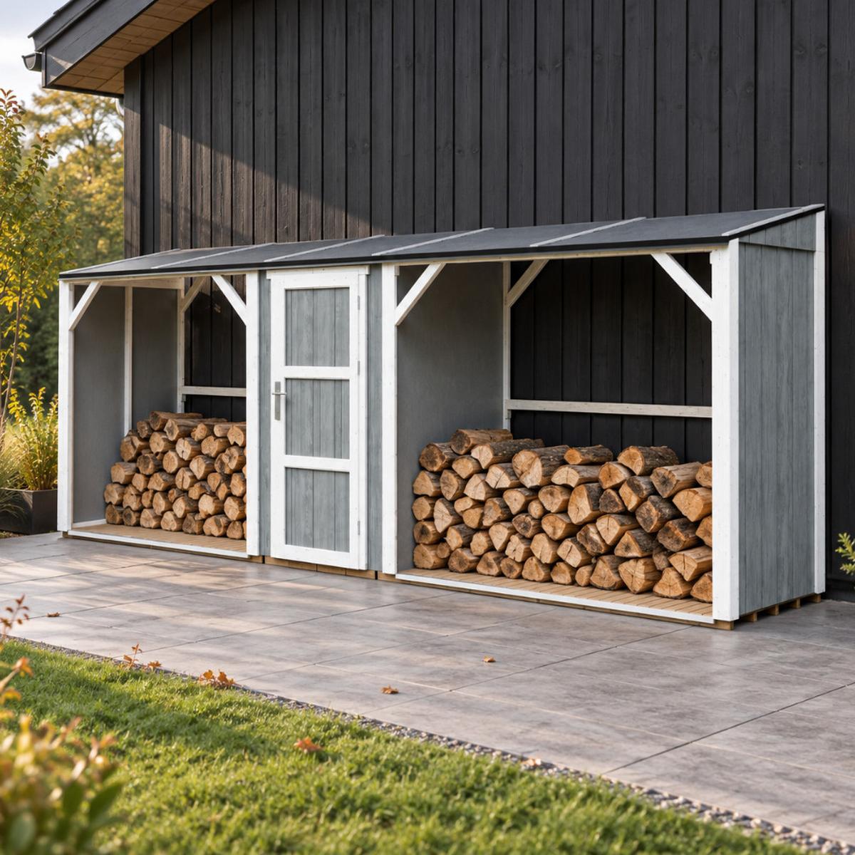 BRENNHOLZLAGER doppelt mit Geräteraum 6,49 m², zwei Brennholzbereiche mit insgesamt ~8,8 m³ Fassungsvermögen - Hellgrau, Holz (118/220/550cm) - Timbela