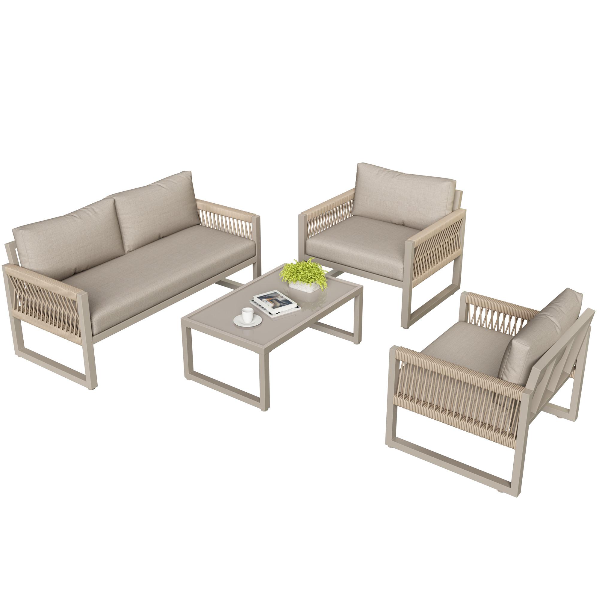 LOUNGEGARNITUR 4-tlg Khaki Metall & Seil Outdoor Sofaset mit 2 Sesseln, Sofa & Glastisch - Sandfarben, Metall - Urban Meuble