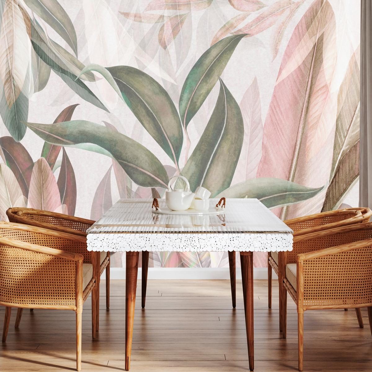 FOTOTAPETE für Wohnzimmer Empfindlich Pastell Bananenblätter 500x350 - Beige/Rosa, Papier (500/350cm) - Muralo