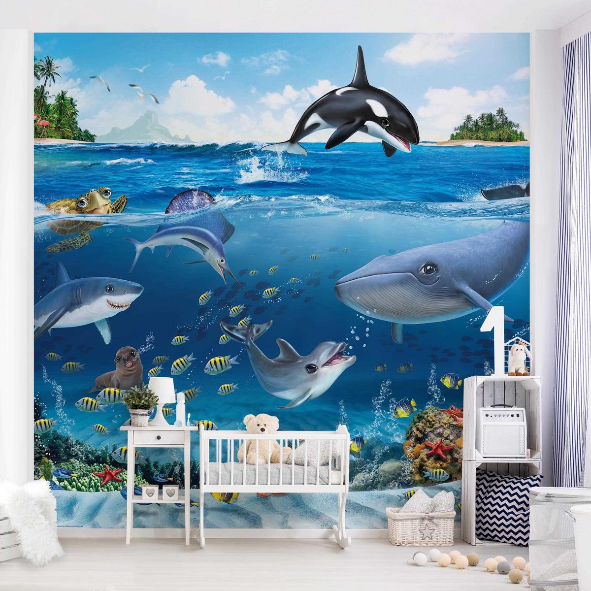 FOTOTAPETE Animal Club International - Unterwasserwelt mit Tieren 192/192 cm - Blau, Papier (192/192cm) - Bilderwelten