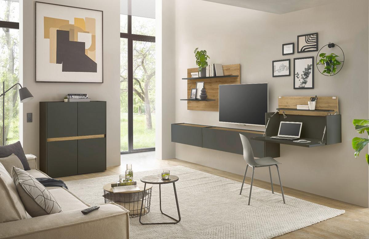 WOHNWAND grau matt, Eiche Wotan 470 cm, Schrankwand mit Sekretär - Eiche Wotan/Grau, Holzwerkstoff/Kunststoff (470/180/40cm) - Furn.Design