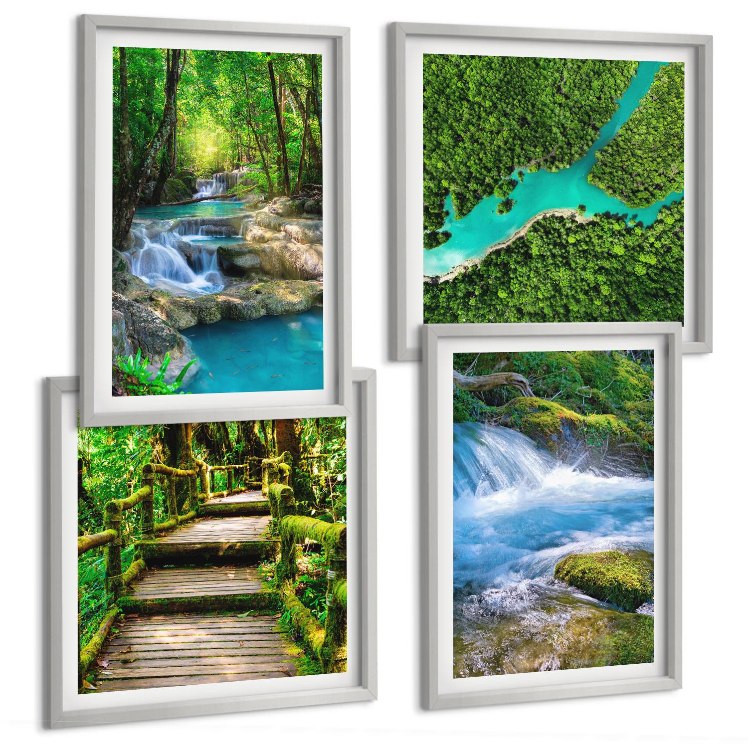 BILDER SET 4er Set - 50x50 cm & 40x60 cm Silberner Rahmen - Grüne Wälder, kristallklares Wasser - Silberfarben, Kunststoff (50/50cm) - TULUP