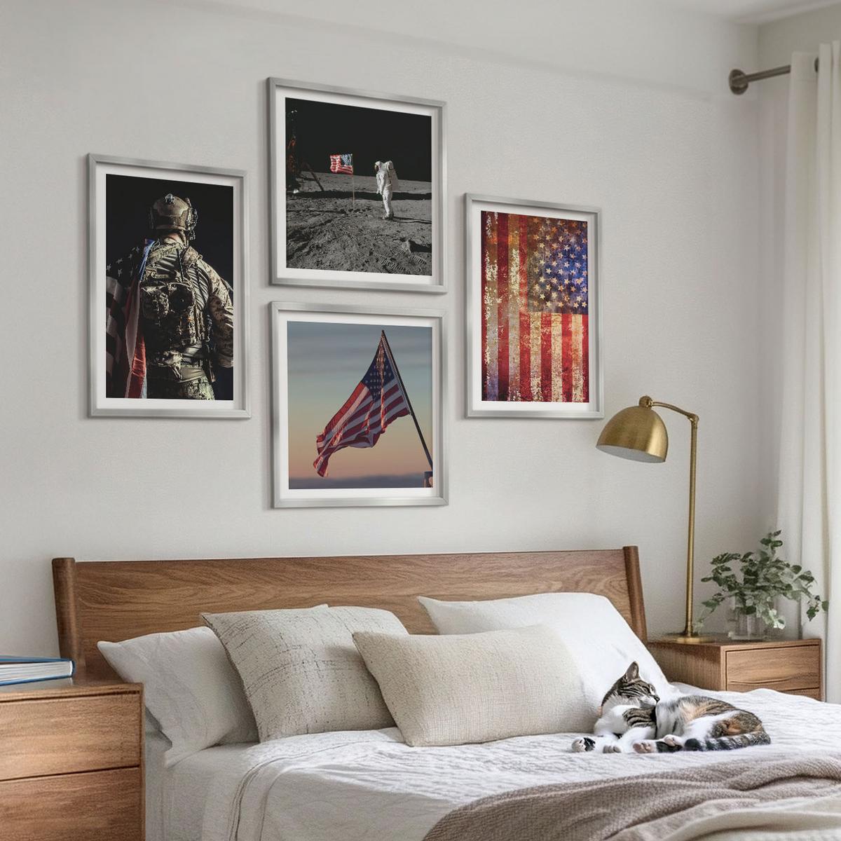 BILDER SET 4er Set - 50x50 cm & 40x60 cm Silberner Rahmen - Amerikanische Symbole, USA-Flagge - Silberfarben, Kunststoff (50/50cm) - TULUP