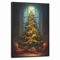 LEINWAND Bilder mit Rahmen - Weihnachtsbaum - Geschenk - Winter - 50x70 - Grün, Textil (50/70cm) - MuchoWow