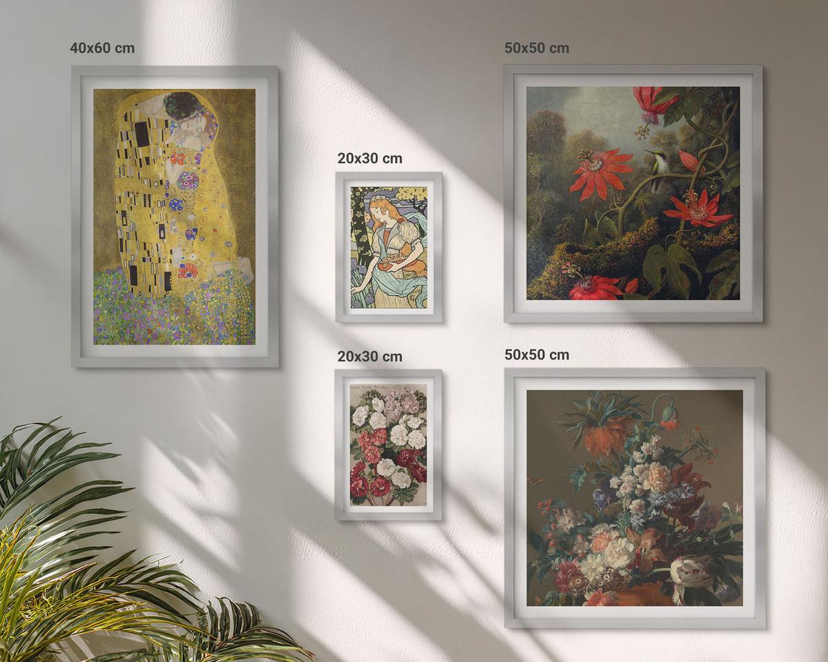 BILDER SET 5er Set - 50x50 cm & 20x30 cm & 40x60 cm Silberner Rahmen - Blumen des Baumes (Gemälde von Klimt) - Silberfarben, Kunststoff (40/60cm) - TULUP