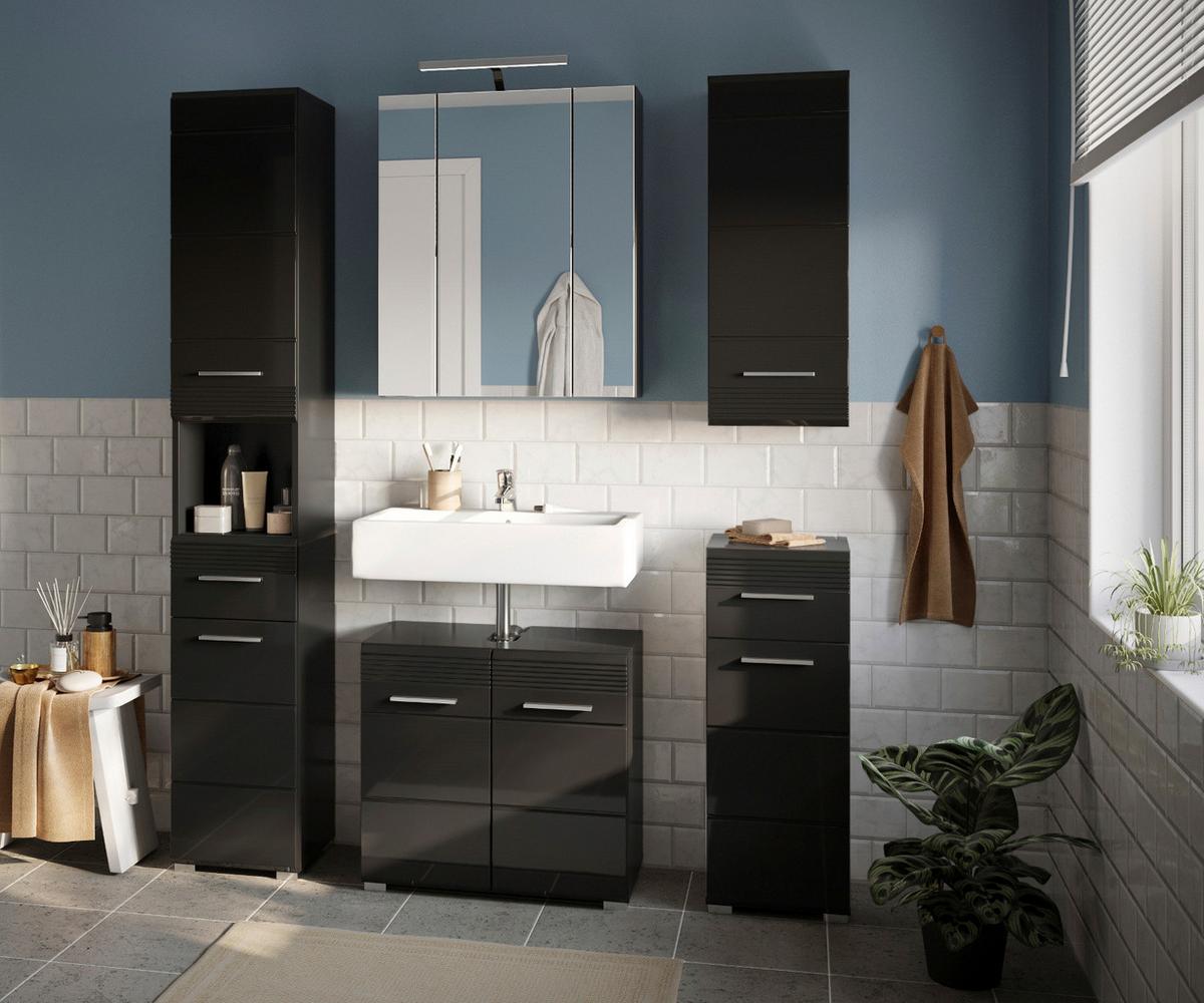 HOCHSCHRANK in schwarz Hochglanz, Badschrank 182 cm - Schwarz Hochglanz/Silberfarben, Holzwerkstoff/Kunststoff (30/182/31cm) - Inn.Furn