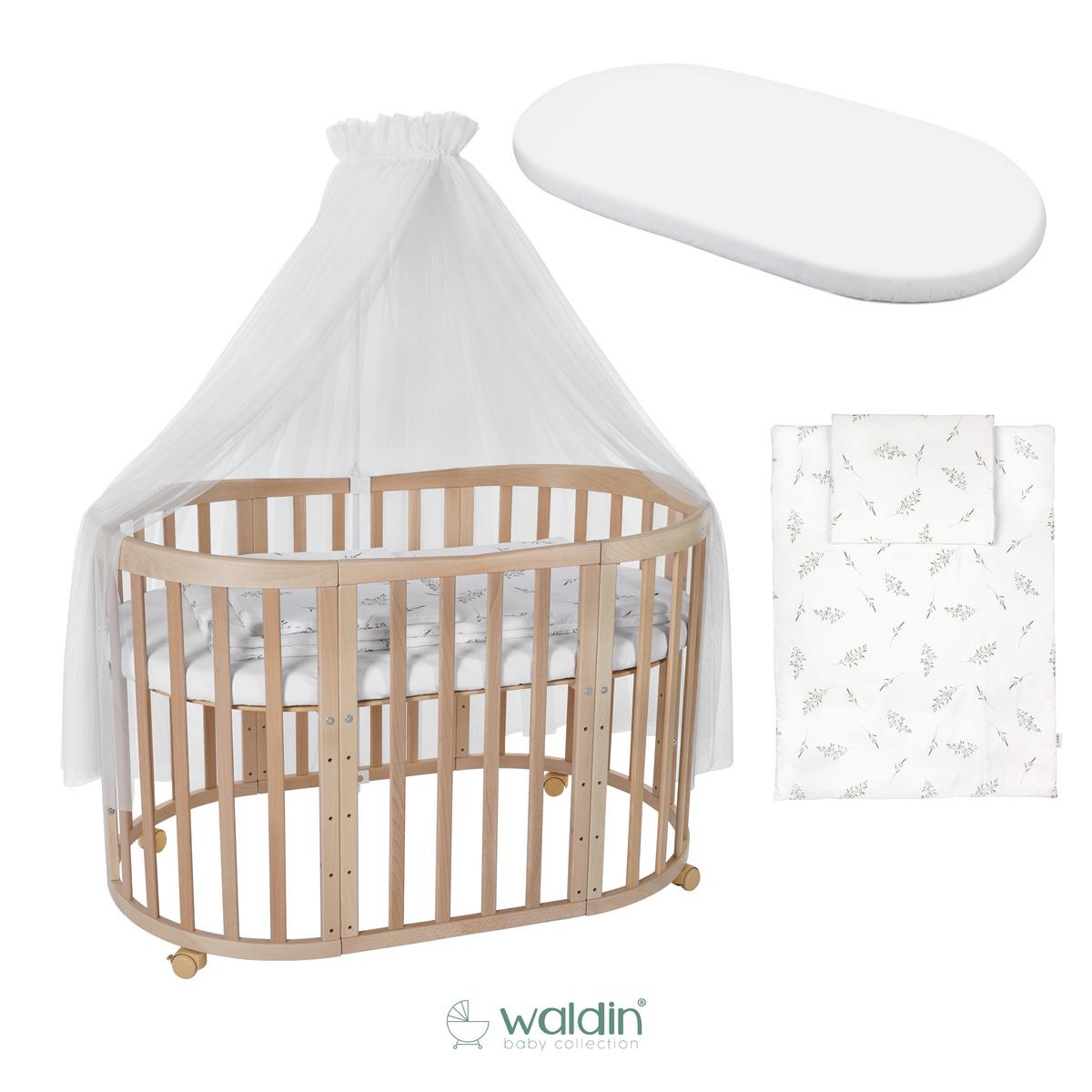 BABYBETT NATUR OVAL 7in1 mit Matratze und Himmelset - Naturfarben/Weiß, Holz/Textil (73/125cm) - waldin