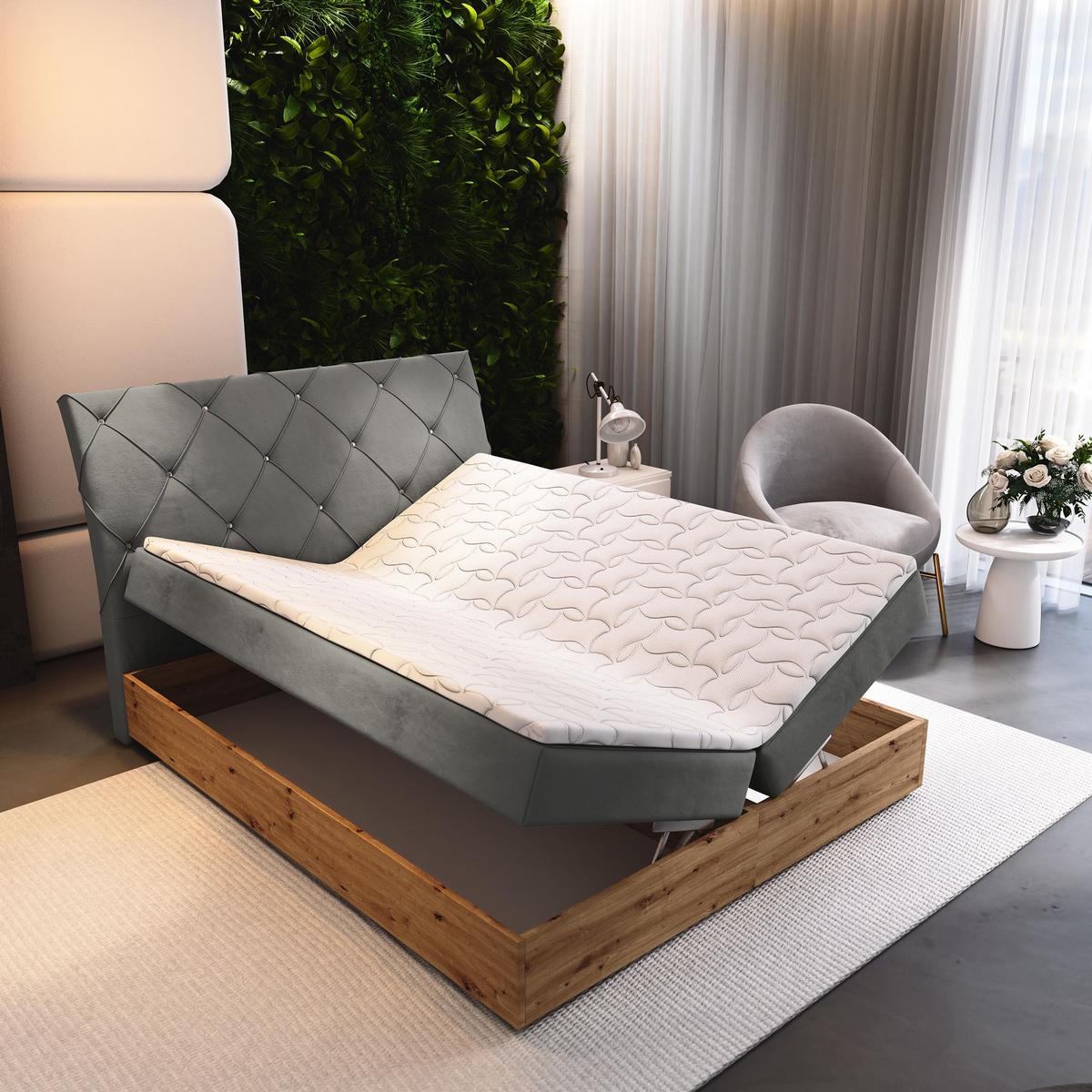 BOXBETT VELLANO 160x200 cm mit Matratze und Topper - Grau - Grau, Holz (160/200cm) - MASSENO