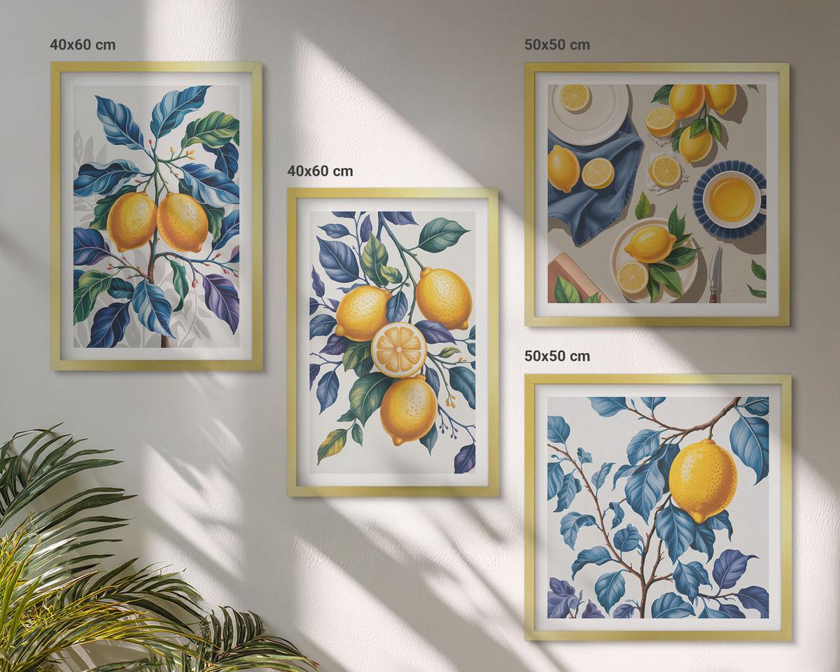 BILDER SET 4er Set - 50x50 cm & 40x60 cm Goldrahmen - Zitronenzweige mit blauen Blättern - Goldfarben, Kunststoff (50/50cm) - TULUP