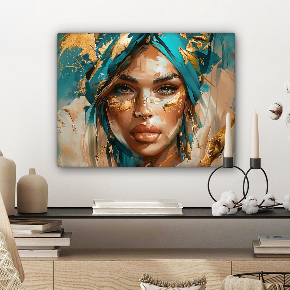 LEINWANDBILD Frau - Porträt - Gold - Luxus - Blau Wandbild 40x30 cm - Türkis, Textil (40/30cm) - MuchoWow