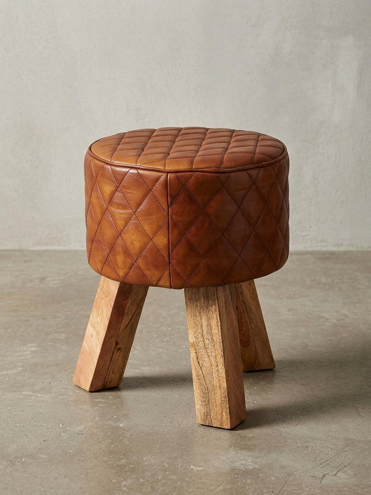 SITZHOCKER – Holz/Leder, 46 cm, Rautenmuster, Braun - Braun, Mangoholz/Leder (35/46/35cm) - KADIMA DESIGN