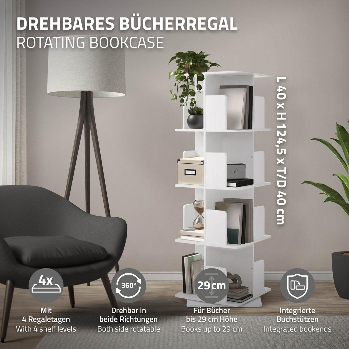 BÜCHERREGAL Kinder mit 4 Ebenen Weiß 40x124,5x40 cm Drehbar 360 Grad - Weiß, Holzwerkstoff (40/124.5/40cm) - ML-DESIGN