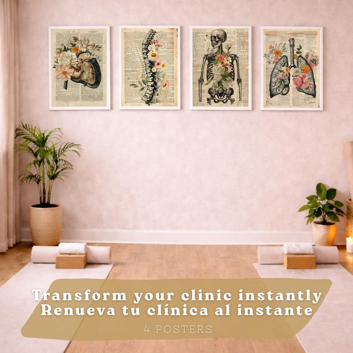 POSTER Set aus 4 Anatomie Drucke und Wandbilder mit Leber Lungen Atmungssystem Skelett Schädel Wirbelsäule Vintage Zeitungsstil Größe Weißer Rahmen A3 - Weiß, Papier (29.7/42/3cm) - Nacnic