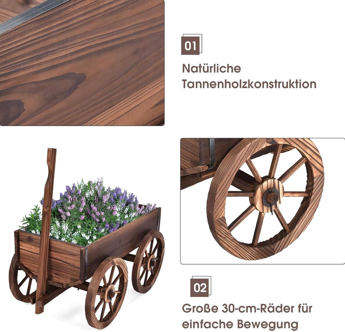 BLUMENWAGEN Holz, Pflanzwagen 4 Rädern Braun - Braun, Holz (120/54/43cm) - COSTWAY