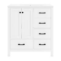 WASCHTISCH Freistehend Weiß mit Keramikbecken & 4 Schubladen - Weiß, Holzwerkstoff (76/82/46cm) - Urban Meuble