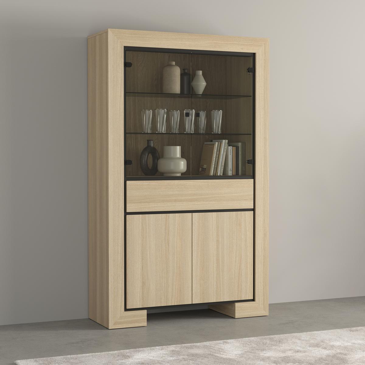 VITRINE LUNO 185 / 113 cm in Eichefarben - Eichefarben/Schwarz, Holzwerkstoff (113/185/41cm) - MASSENO