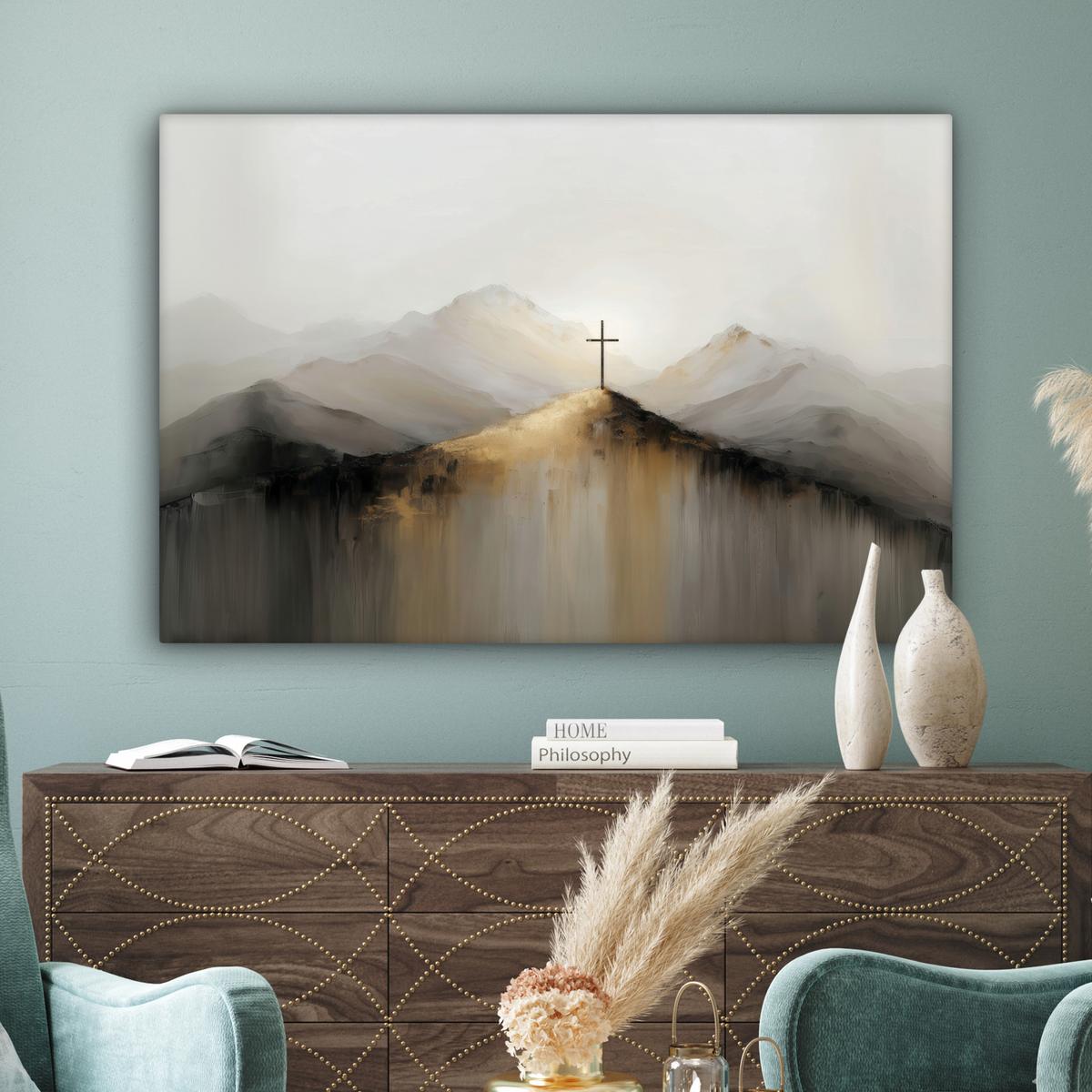 LEINWANDBILD Hügel - Abstrakt - Kreuz - Christentum Wohnzimmer Groß 120x80 cm - Beige, Textil (120/80cm) - MuchoWow