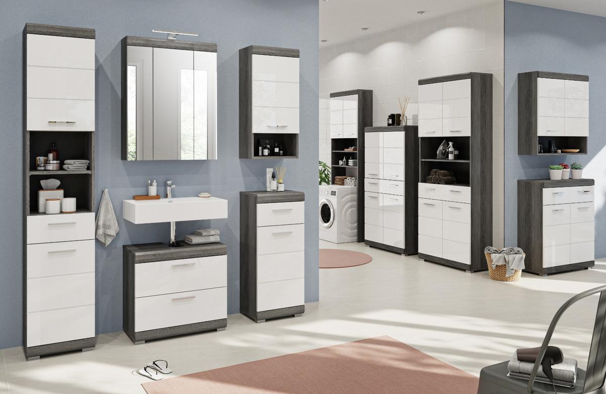 HOCHSCHRANK weiß Hochglanz, grau 190 cm, Badschrank Türanschlag wechselbar - Weiß Hochglanz/Silberfarben, Holzwerkstoff/Kunststoff (37/191/31cm) - Inn.Furn