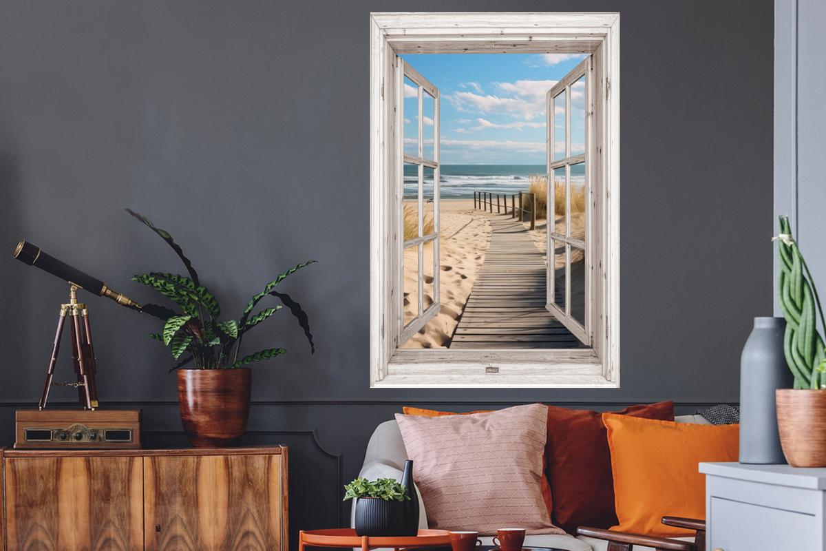 WANDTATTOO Fenster - Meer - Küste - Natur - Ausblick - Strand - Wattenmeer Wandaufkleber 80x120 cm - Beige, Kunststoff (80/120/0.1cm) - MuchoWow