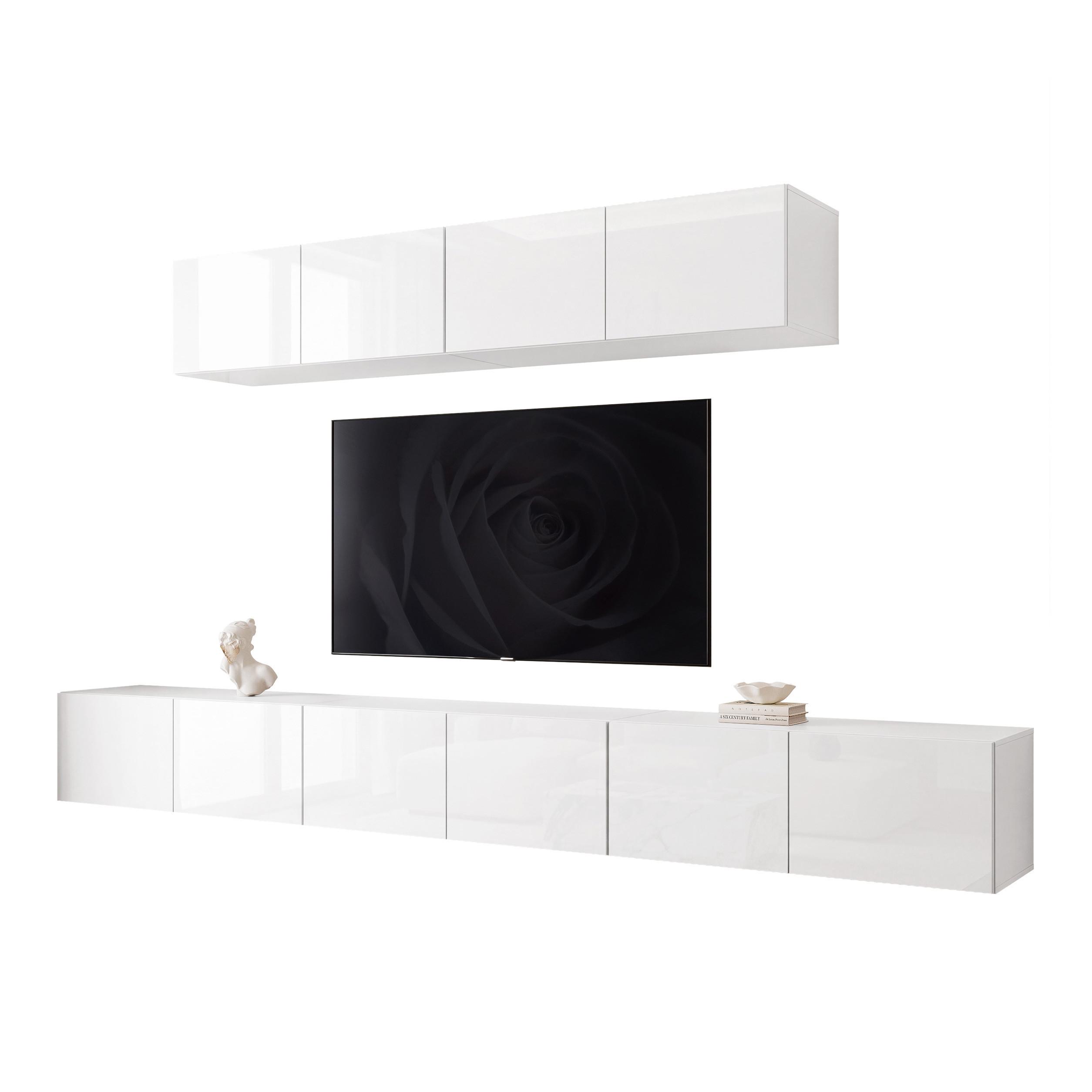 WOHNWAND ANGEL III Weiß glänzend hängend mit LED-Beleuchtung 300 cm - Weiß Hochglanz, Holzwerkstoff (300/36/40cm) - Idohome