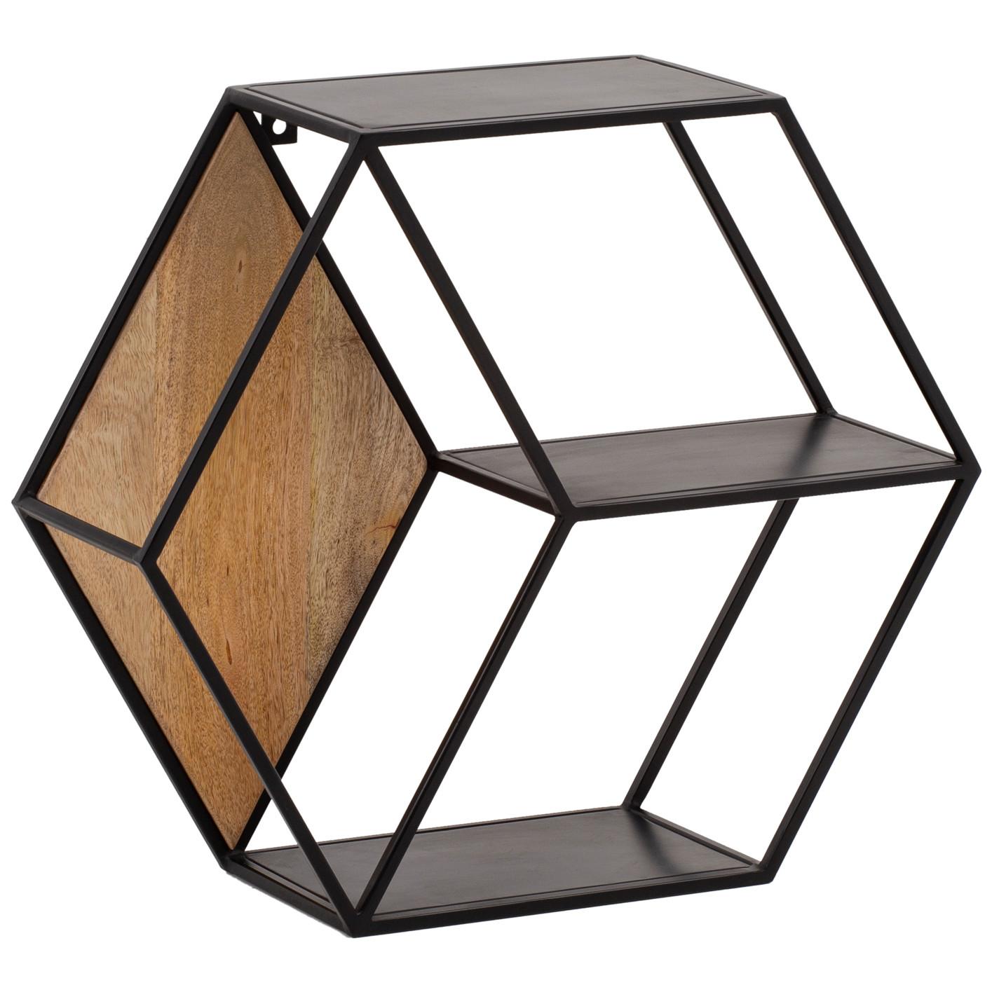 WANDREGAL Mango Massivholz Metall Industrial Stil 60x52x20 cm Sechseckig mit 3 Ablagen - Schwarz, Holz (60/52/20cm) - KADIMA DESIGN