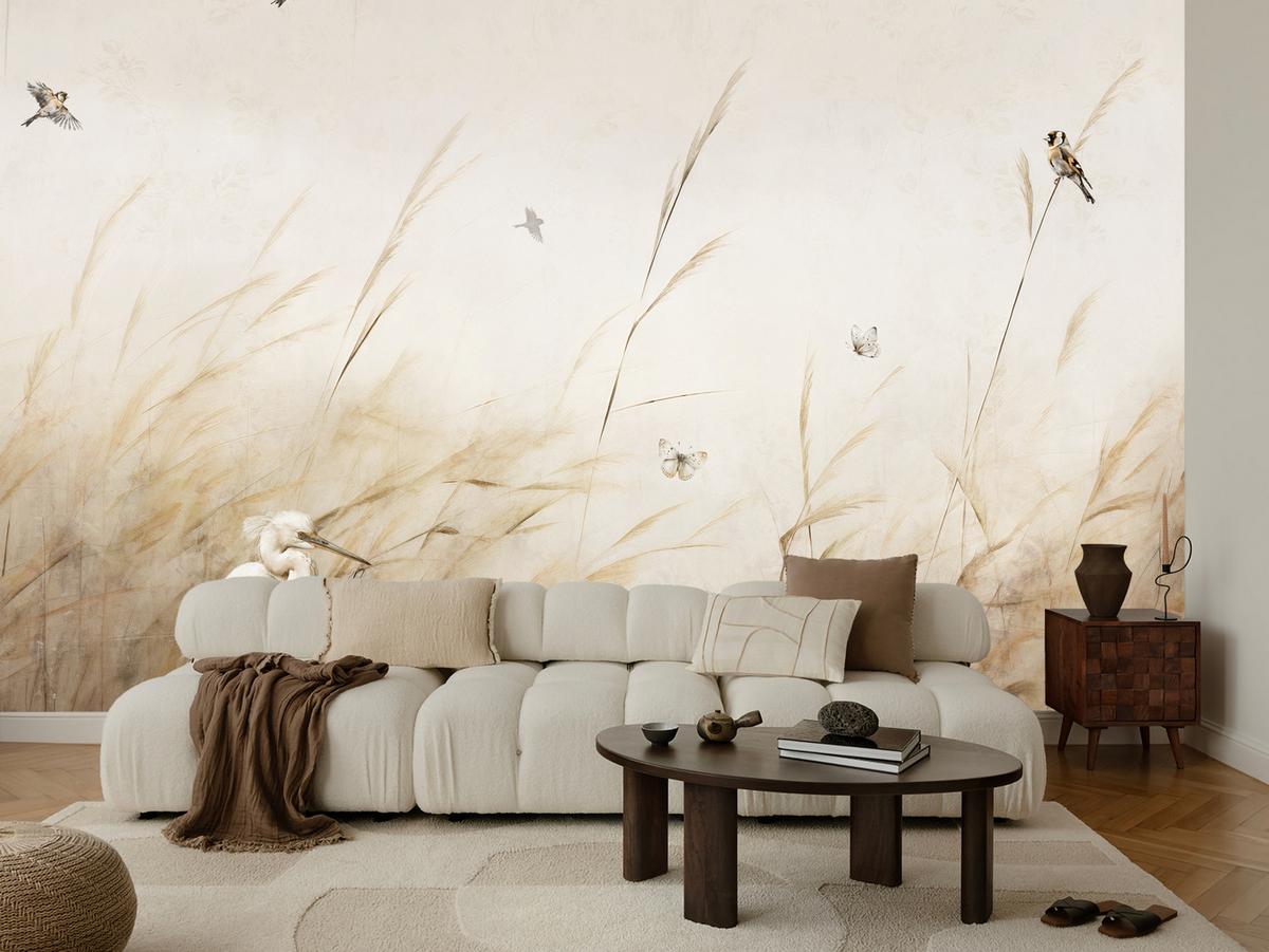 FOTOTAPETE für Schlafzimmer Vögel Storch Hohe Gräser Aquarell 500x350 - Beige/Gelb, Papier (500/350cm) - Muralo