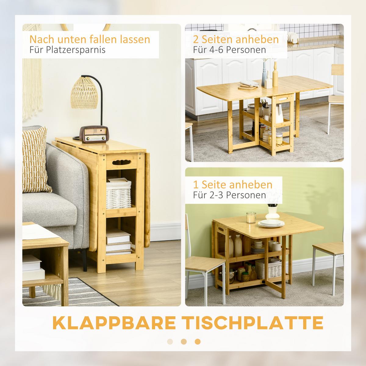 ESSTISCH Klapptisch Küchentisch mit Ablagefächer Esszimmertisch Naturholz - Naturfarben, Naturmaterialien/Bambusholz (149.5/80/73.5cm) - HOMCOM