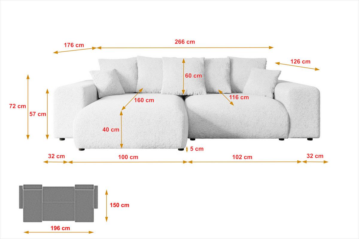 ECKSOFA Ottomane links ESKAR-L 266x176x72 Weiß Bouclé - Schwarz/Weiß, Holzwerkstoff/Kunststoff (266/176cm) - ALTDECOR