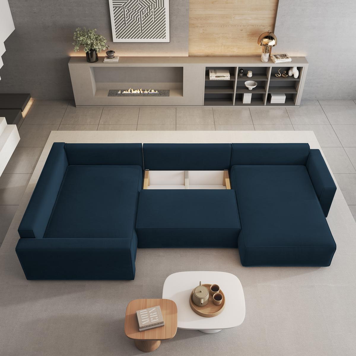 WOHNLANDSCHAFT VELAMI L-S Blau Velours-Stoff mit Schlaffunktion - Blau, Holz (365/83/194cm) - MASSENO