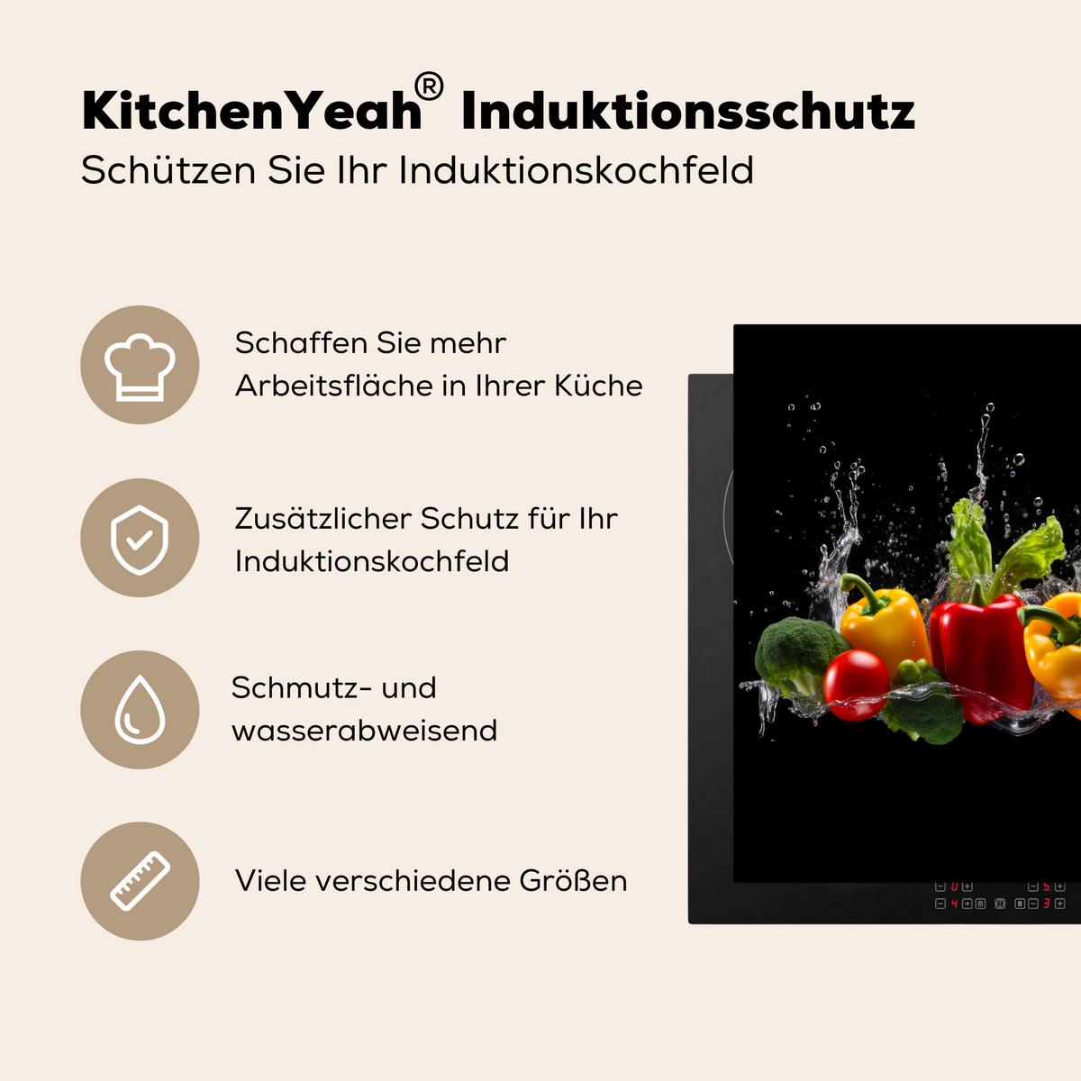 HERDABDECKPLATTE Paprika - Wasser - Gemüse - Schwarz Abdeckung Ceranfeld 57.6x51.6 cm - Multicolor, Kunststoff (57.6/51.6/0.2cm) - MuchoWow