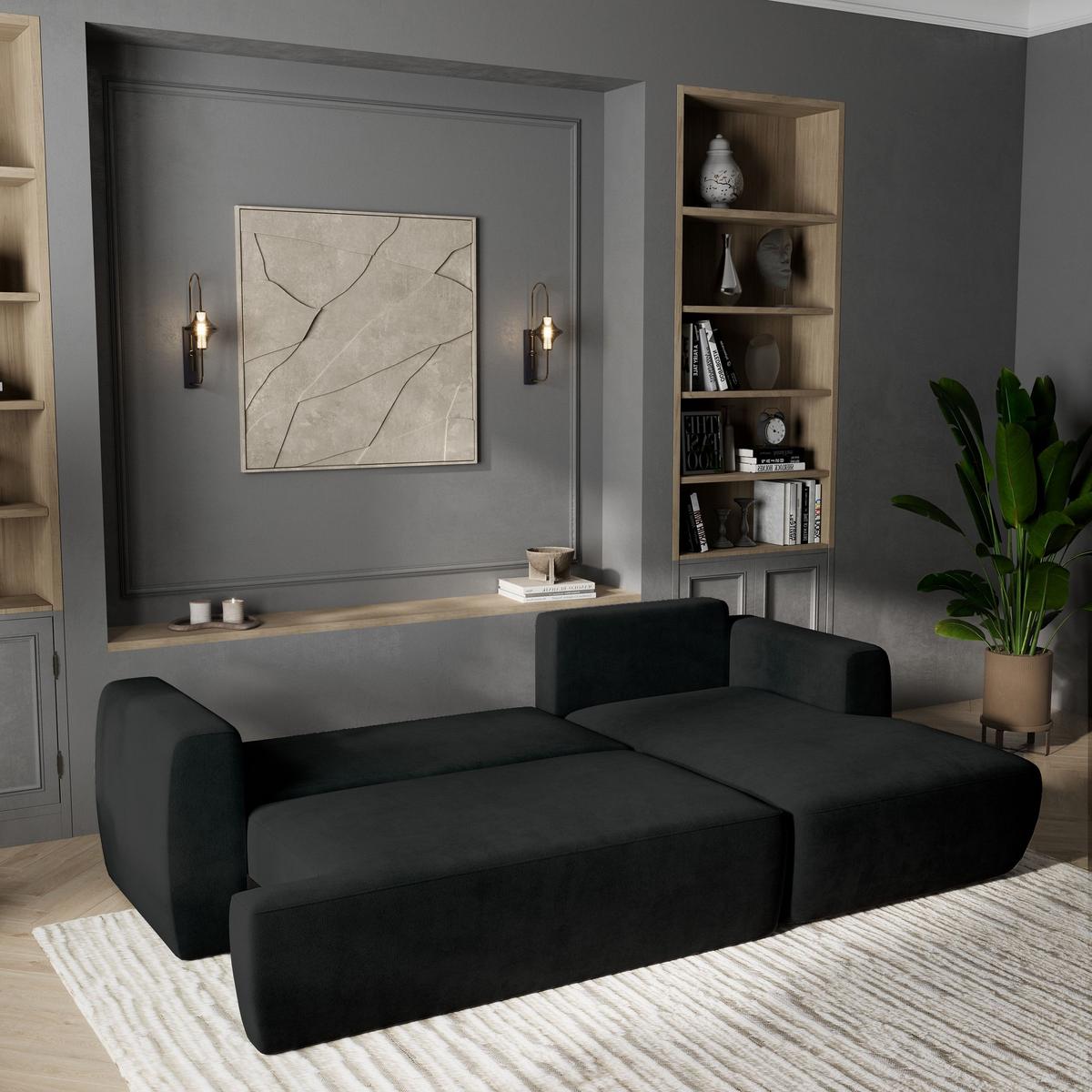 ECKSOFA SENTI K R-S Schwarz Plüsch-Stoff mit Schlaffunktion - Schwarz, Holz/Kunststoff (246/148cm) - MASSENO