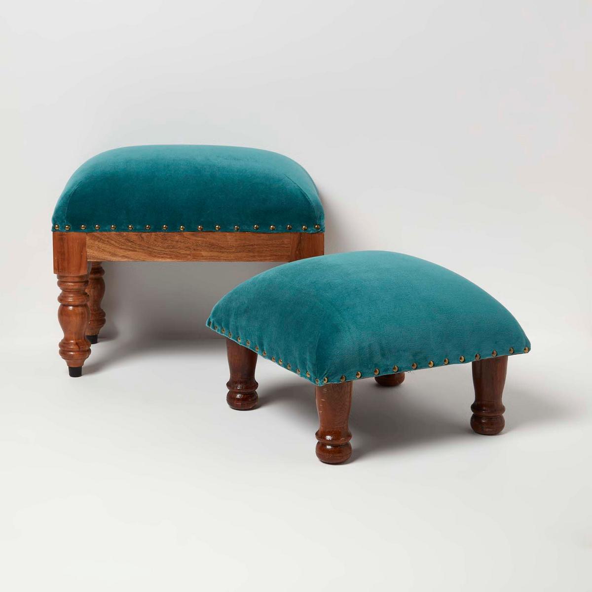 SAMT-HOCKER Mable, petrolgrün mit Holzbeinen, 40/40/25 cm - Grün, Textil (40/25/40cm) - Homescapes