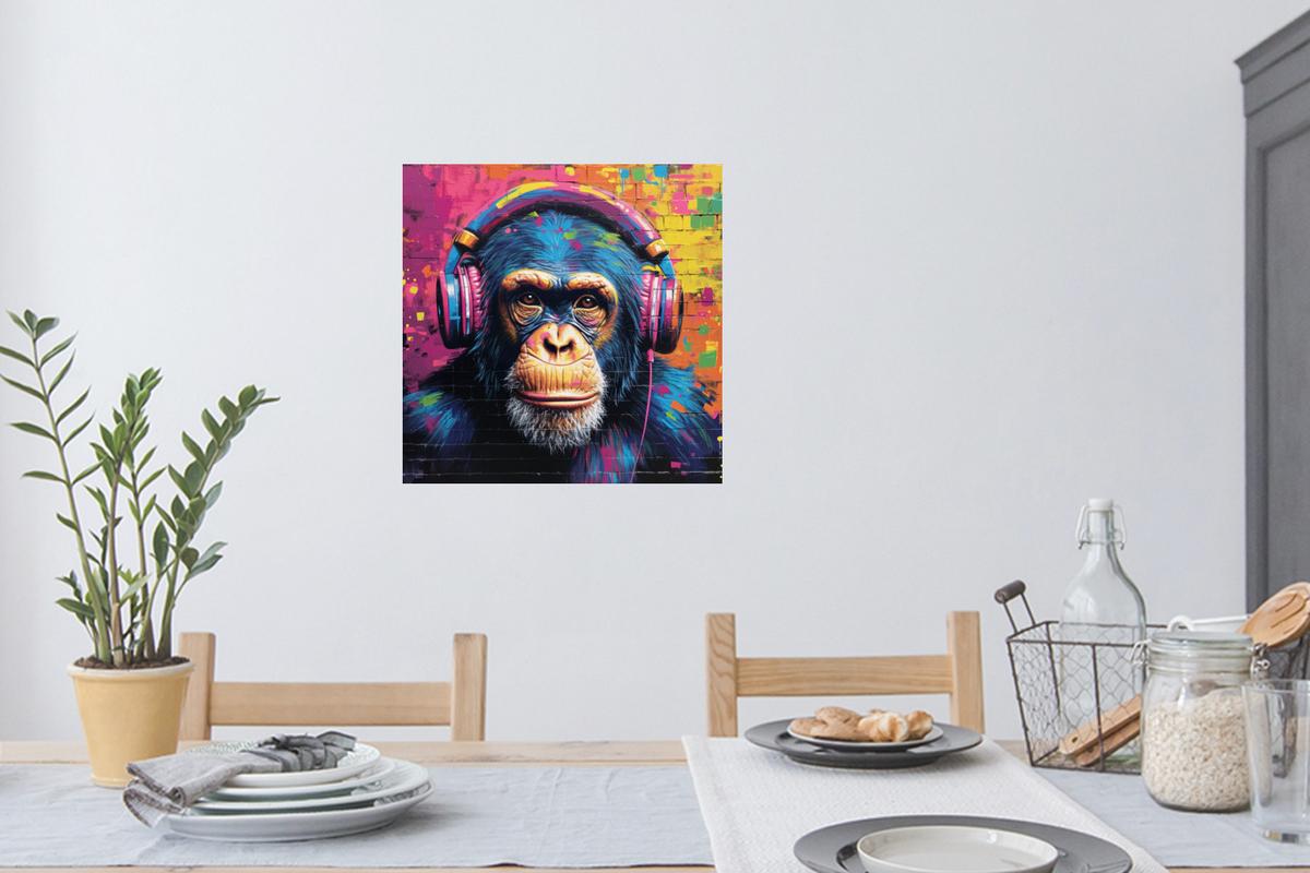 WANDTATTOO Graffiti - Schimpanse - Straßenkunst - Kopfhörer - Affe Wanddeko 50x50 cm - Blau, Kunststoff (50/50/0.1cm) - MuchoWow