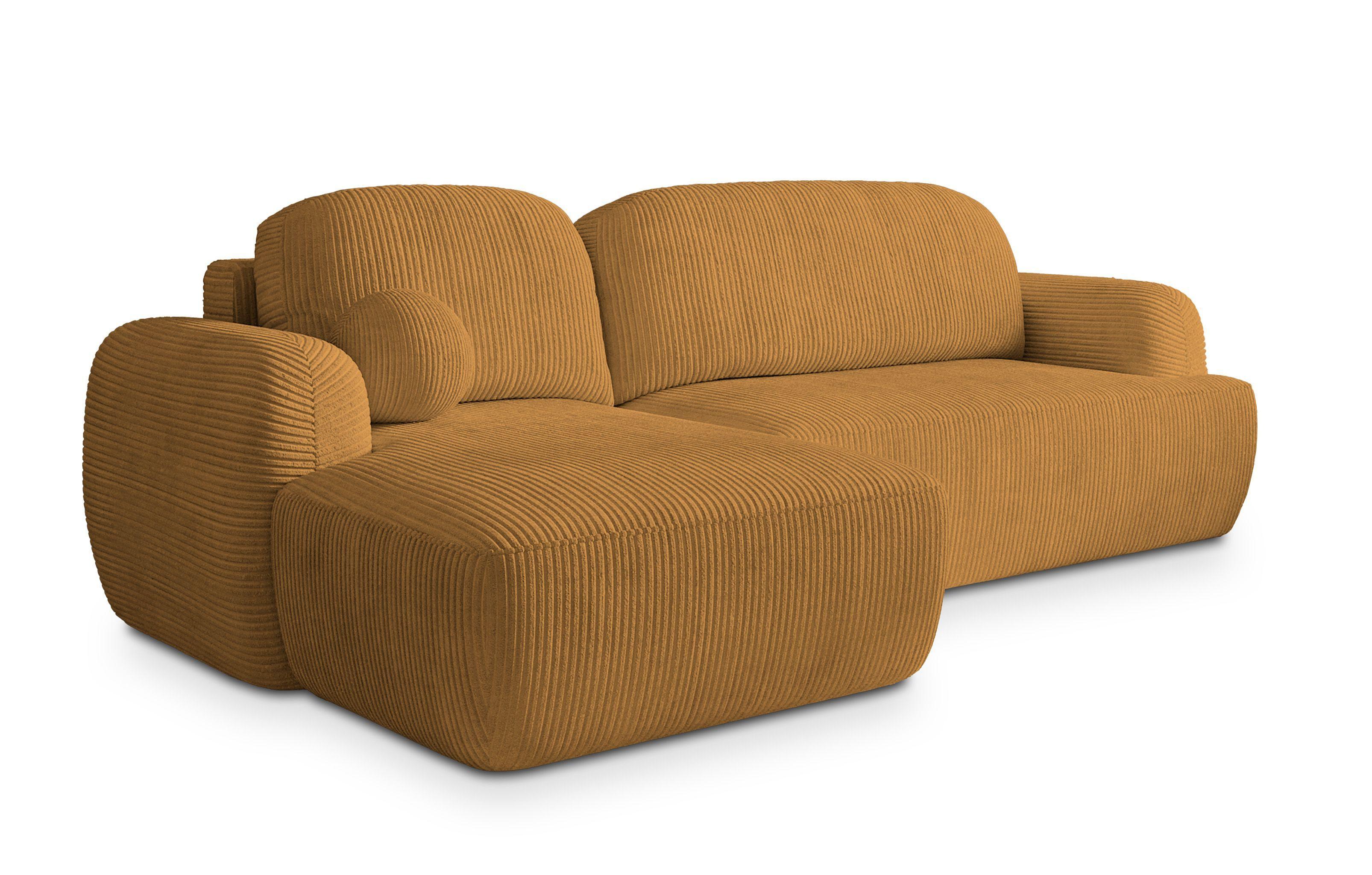 ECKSOFA MODENZA P L-S Gelb Kordstoff mit Schlaffunktion - Gelb/Schwarz, Holz/Kunststoff (266/148cm) - MASSENO