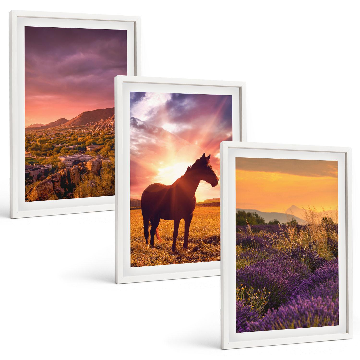 BILDER SET 3er Set - 40x60 cm Weißer Rahmen - Berglandschaft mit einem Pferd - Weiß, Kunststoff (40/60cm) - TULUP