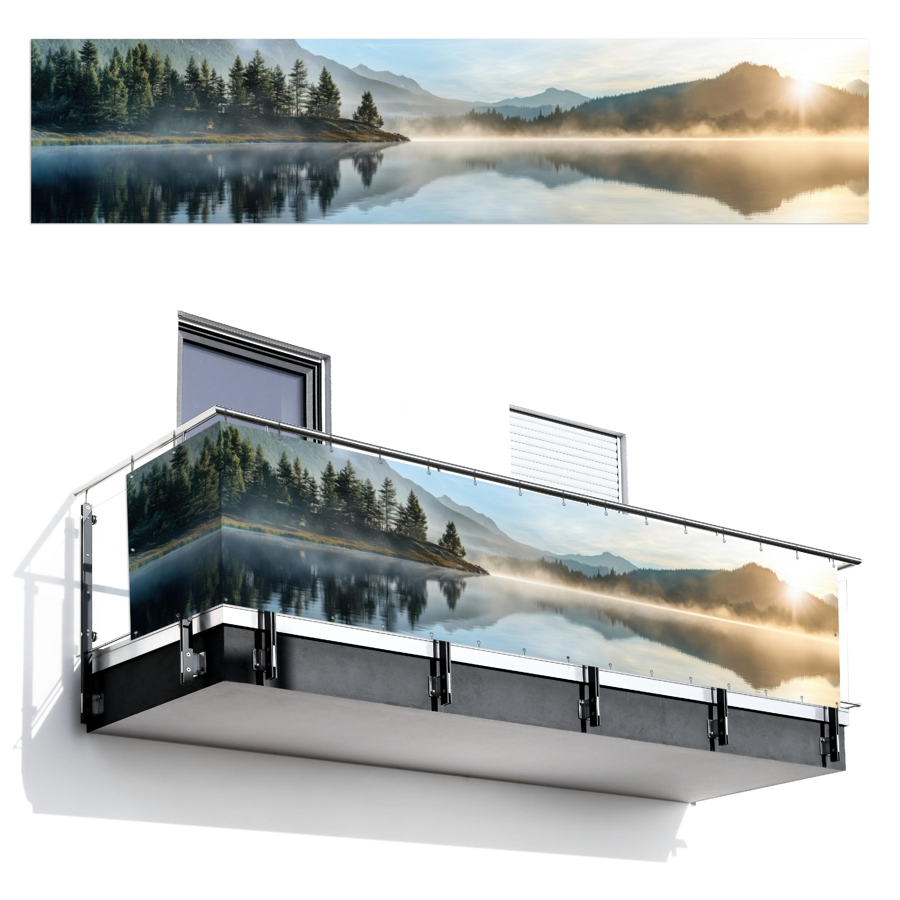BALKON-SICHTSCHUTZ See - Nebel - Berge - Landschaft Deko XXL 500x110 cm - Hellblau, Kunststoff (500/110cm) - MuchoWow