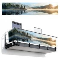 BALKON-SICHTSCHUTZ See - Nebel - Berge - Landschaft Deko XXL 500x110 cm - Hellblau, Kunststoff (500/110cm) - MuchoWow