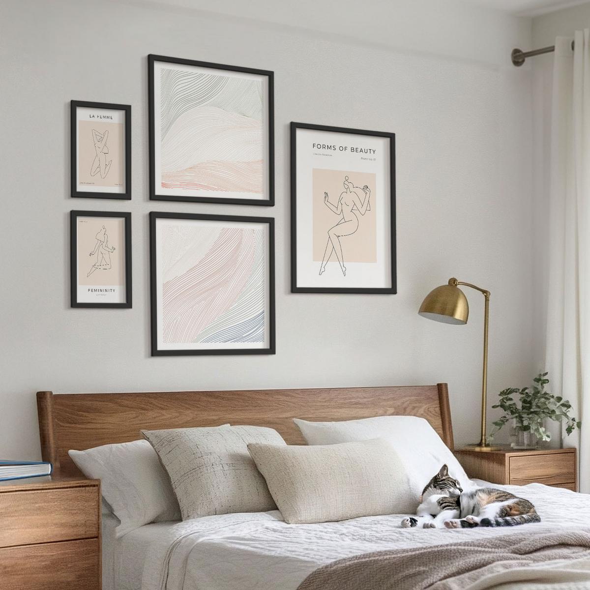 BILDER SET 5er Set - 50x50 cm & 20x30 cm & 40x60 cm Schwarzer Rahmen - Weibliche Silhouetten auf Plakaten - Schwarz, Kunststoff (40/60cm) - TULUP