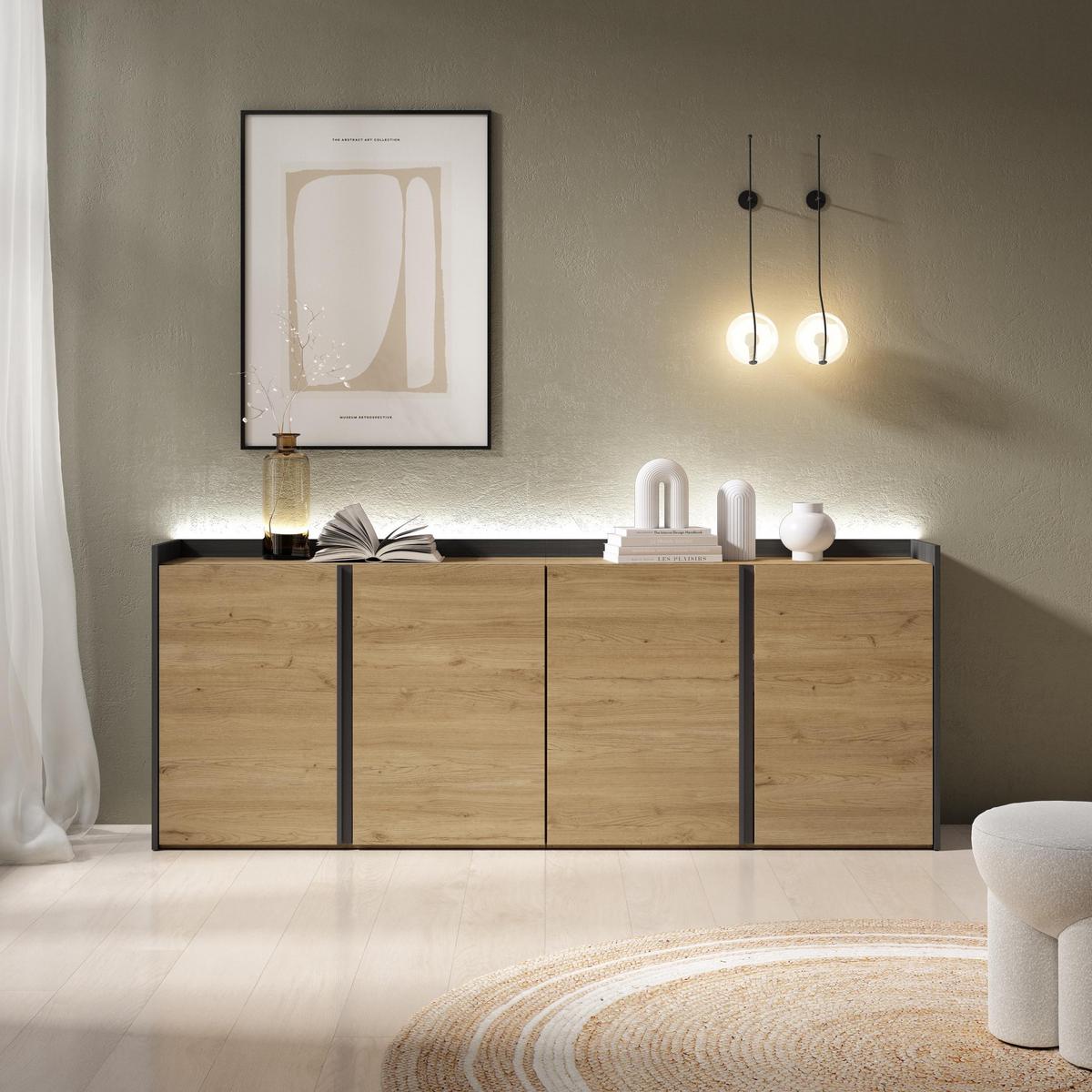 SIDEBOARD, Eiche und Schwarz, 207/35/80cm, mit Led - Eichefarben, Holzwerkstoff (207/80/35cm) - Skraut Home