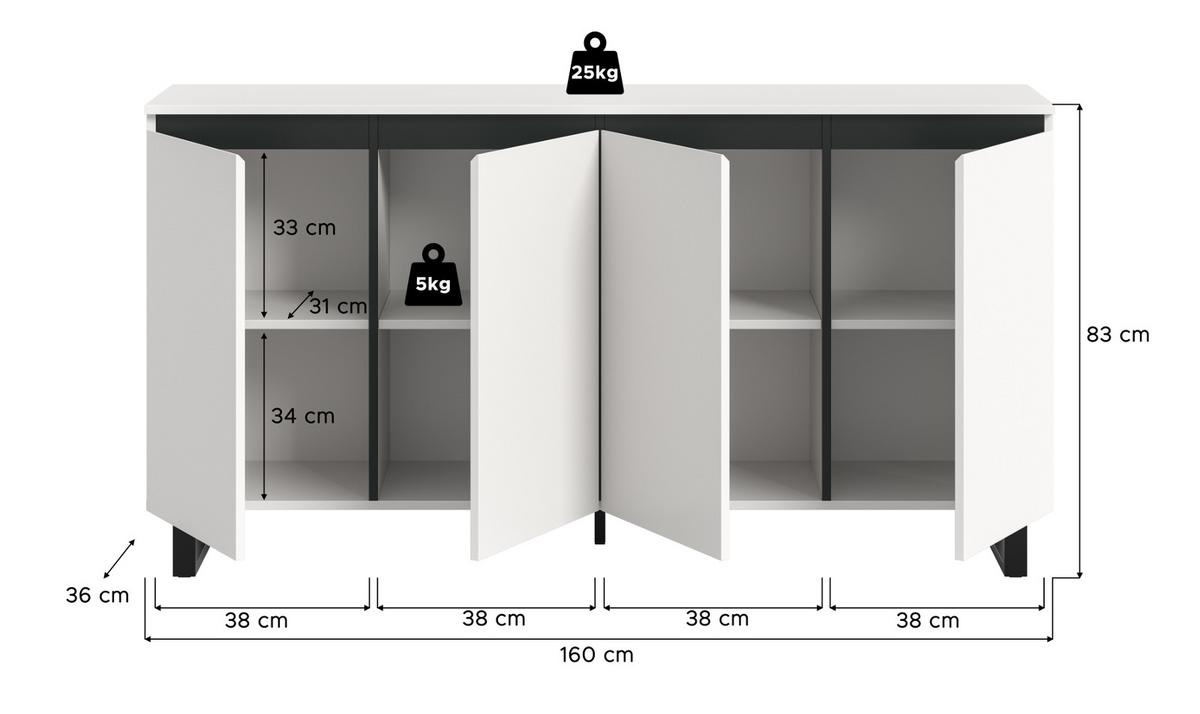 SIDEBOARD Weiß mit Schwarz, Kommode 4 Türen / 8 Fächer 160 cm mit Soft-Close - Schwarz/Weiß, Holzwerkstoff/Metall (160/84/36cm) - Inn.Furn