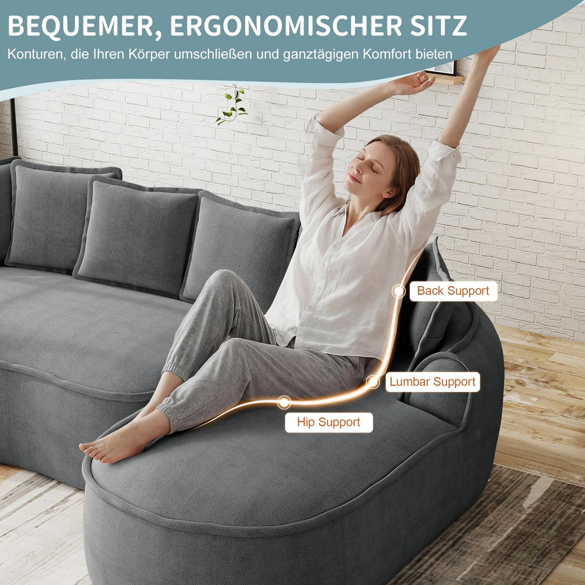 ECKSOFA chenille mit extra tiefer chaiselongue & rahmenlosem design - Grau, Textil (252/164cm) - Urban Meuble