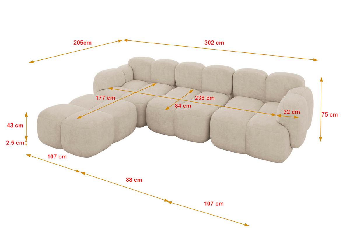 ECKSOFA modulares Sofa Links Miko-L2 302x205x75 Beige Velours - Ecru/Schwarz, Holzwerkstoff/Kunststoff (302/205cm) - ALTDECOR