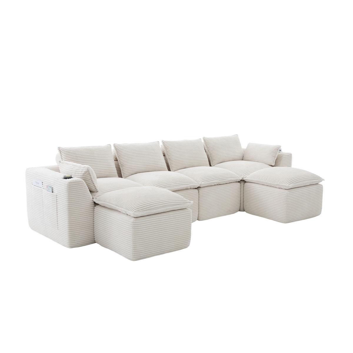 4-SITZER-SOFA aus chenille, modular mit 2 fußhockern und getränkehaltern - Beige, Textil (322/75/161cm) - Urban Meuble