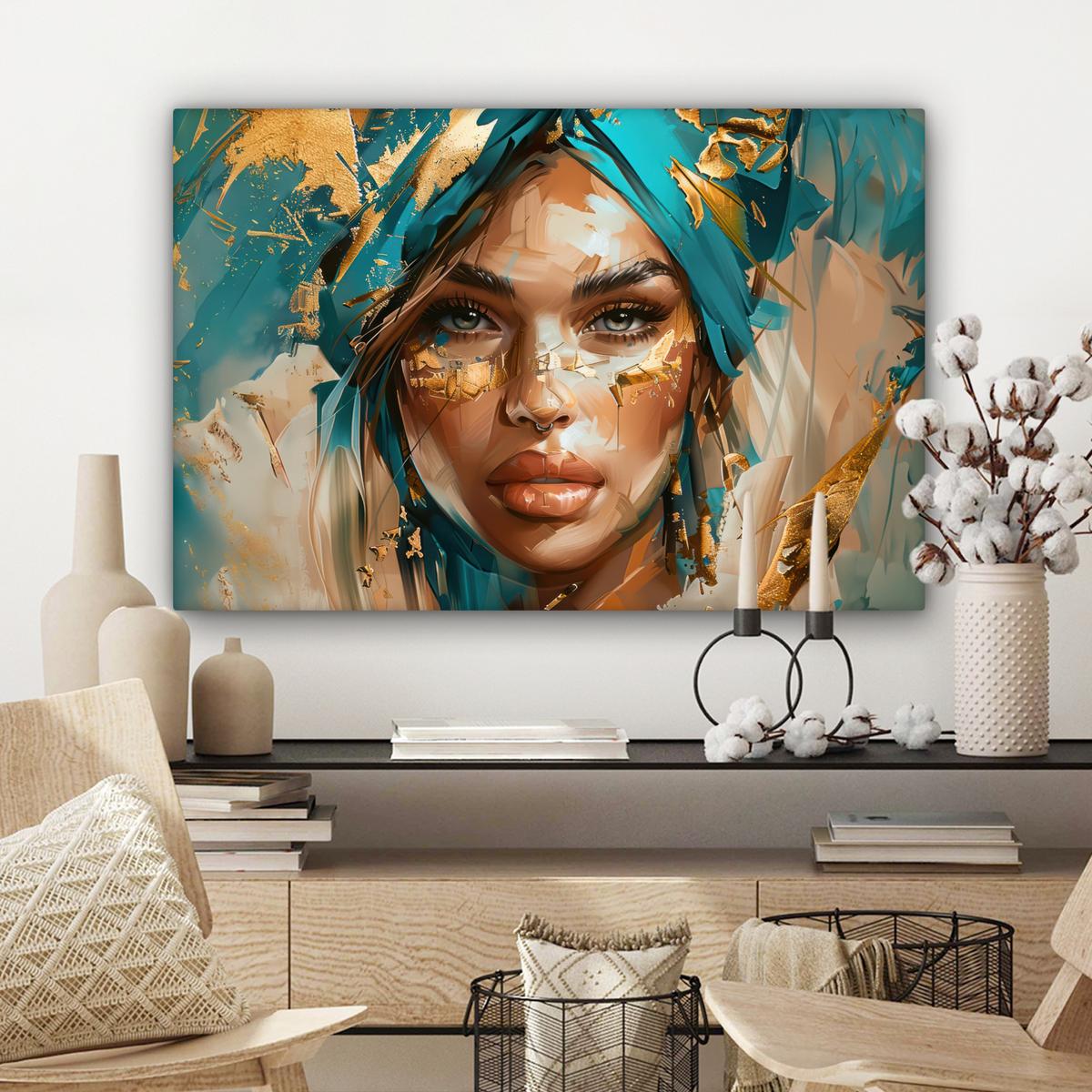 LEINWANDBILD Frau - Porträt - Gold - Luxus - Blau Wanddeko 90x60 cm - Türkis, Textil (90/60cm) - MuchoWow