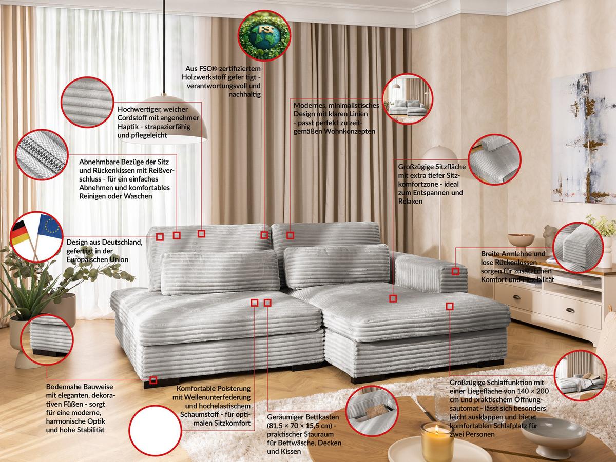 ECKSOFA Wolke mit tiefer Sitzfläche, Schlaffunktion und praktischem Bettkasten aus weichem Taupe Cordstoff - Taupe/Schwarz, Holz/Kunststoff (225/162cm) - S-Style