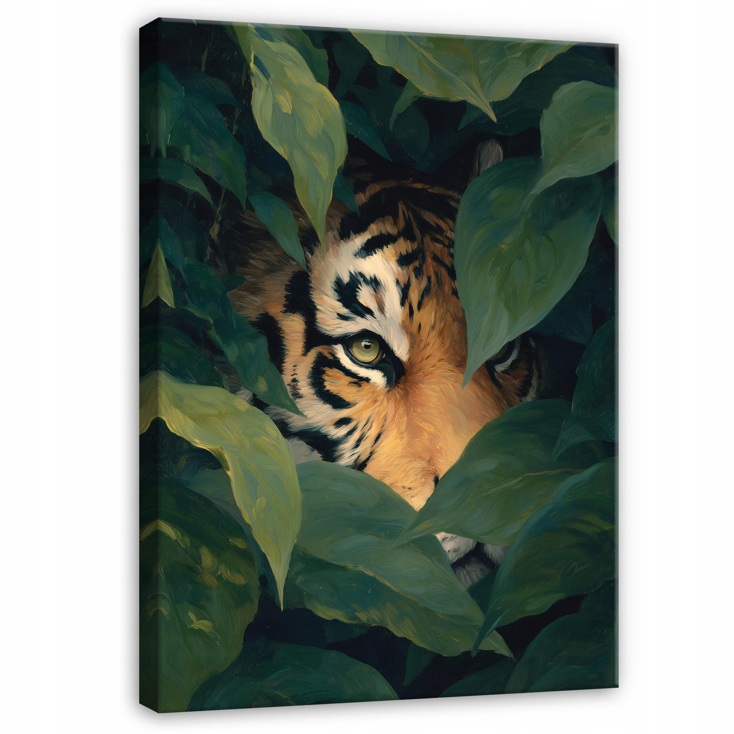 LEINWANDBILD Tiger Blätter Grün 40x60 cm - Multicolor, Holzwerkstoff (40/60cm) - Wallarena