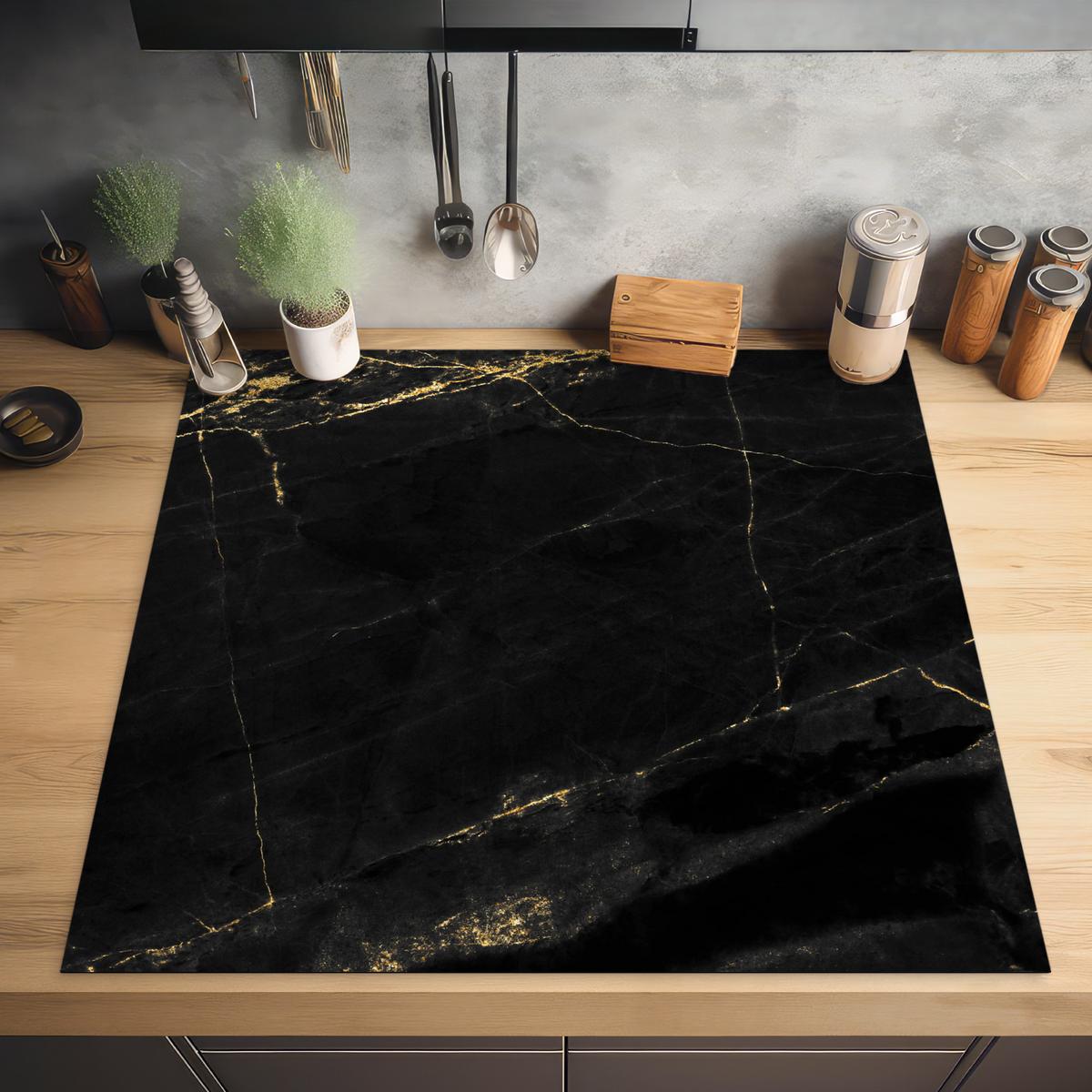 HERDABDECKPLATTE Marmor - Schwarz - Gold - Chic - Marmoroptik - Design Induktionsmatte 78x78 cm - Schwarz, Kunststoff (78/78/0.2cm) - MuchoWow