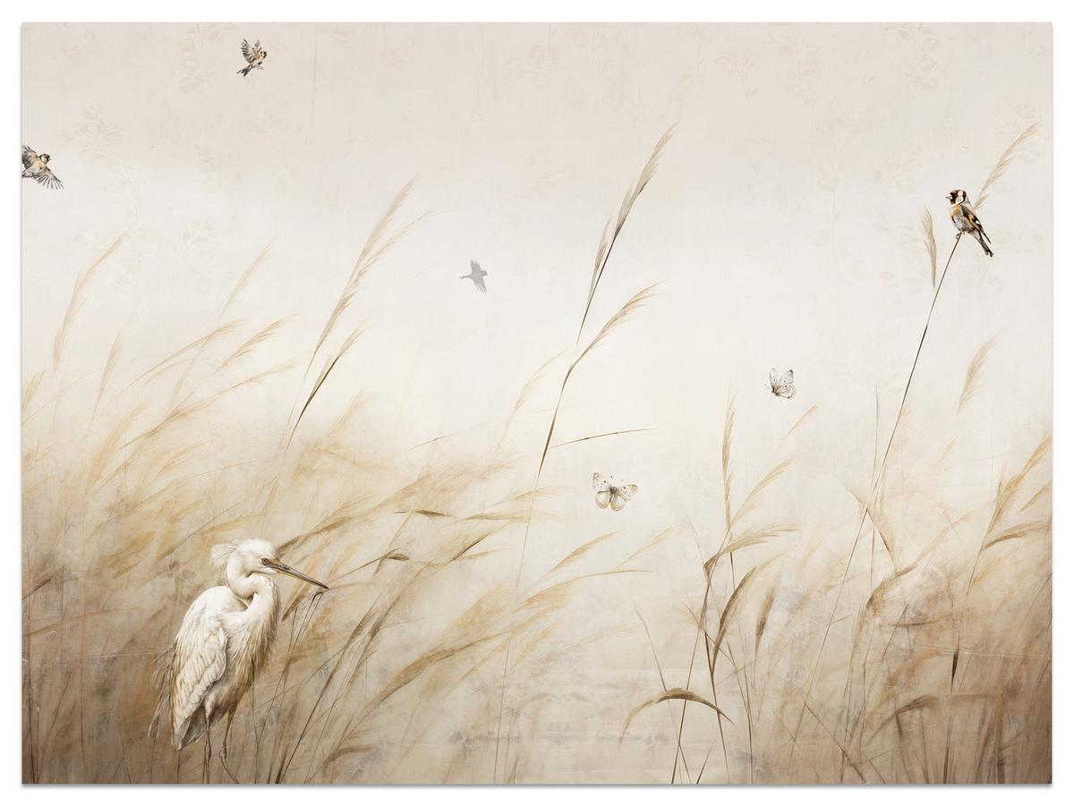 FOTOTAPETE für Schlafzimmer Vögel Storch Hohe Gräser Aquarell 500x350 - Beige/Gelb, Papier (500/350cm) - Muralo