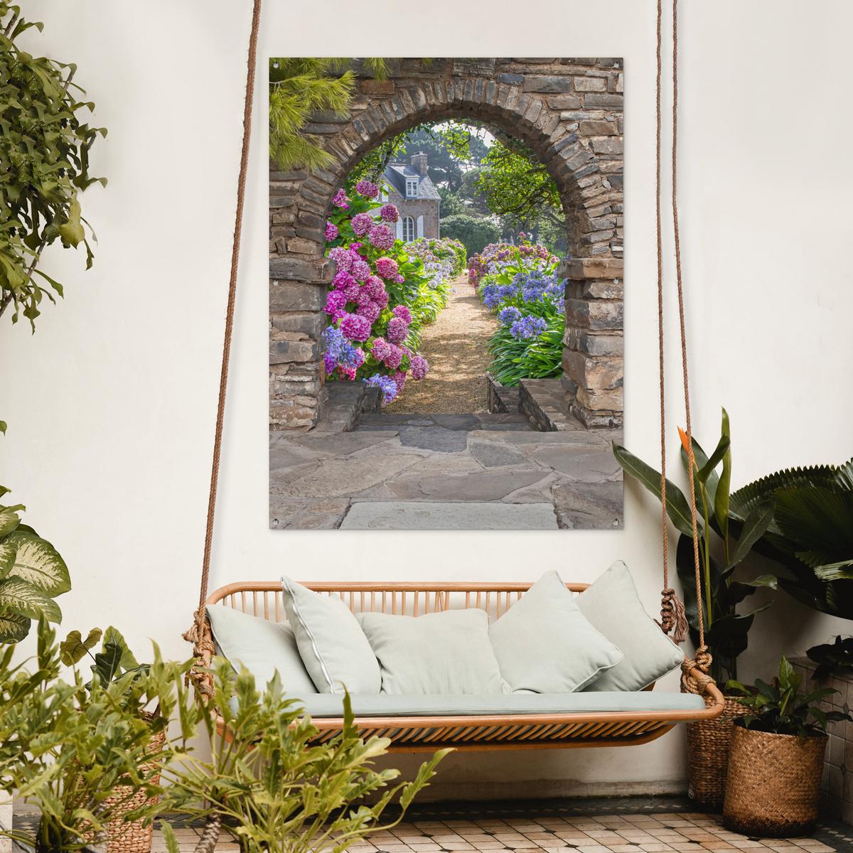 GARTENPOSTER Blumen - Guck-guck - Hortensie - Sommer Gartendekoration 120x160 cm - Braun, Kunststoff (120/160/0.2cm) - OnlyWow