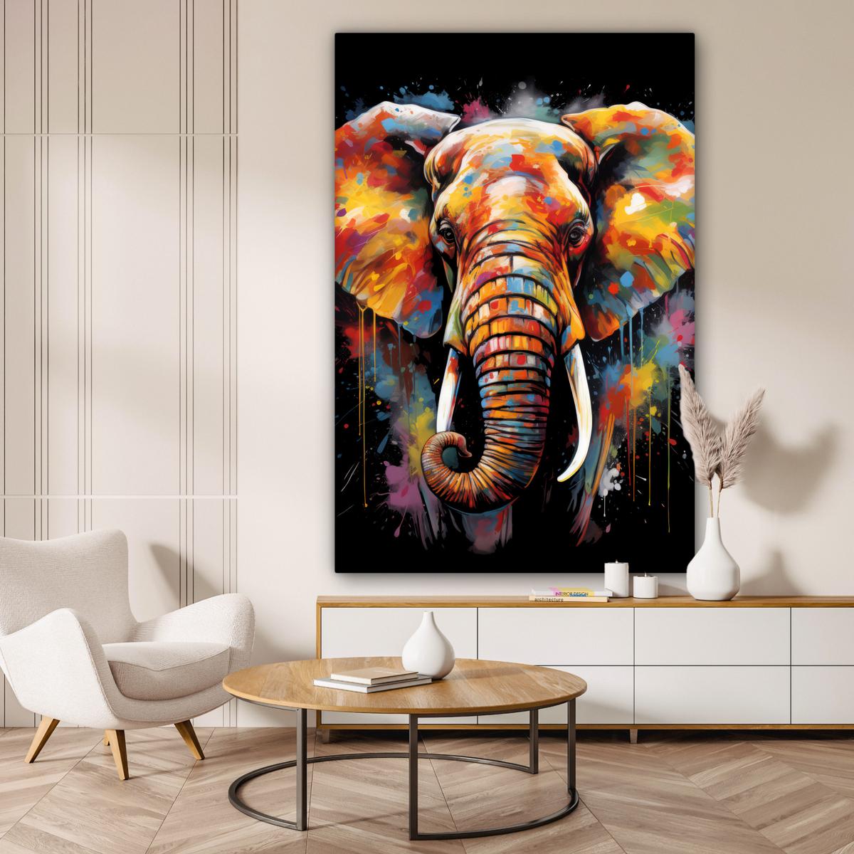 LEINWANDBILD Elefant - Graffiti - Schwarz - Tiere - Farben Deko Groß 90x140 cm - Schwarz, Textil (90/140cm) - MuchoWow
